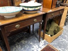 TWO SIMILAR 18th C. OAK SINGLE DRAWER SIDE TABLES. W 78 X D 46 X H 71cms AND W 78 X D 49 X H 71cms.