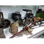 VARIOUS WEIGHTS, IRON WALL BRACKETS FOR OIL LAMPS, A THUMB STICK, FIRE IRONS, TWO CAULDRONS, A