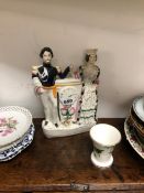 A PAIR OF ANTIQUE CHINESE BLUE AND WHITE PLATES, A STAFFORDSHIRE CLOCK GROUP, AND VARIOUS DECORATIVE