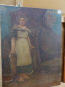 EARLY 20th CENTURY ENGLISH SCHOOL, THE FISHERWOMAN, OIL ON CANVAS UNFRAMED 61 x 46cms
