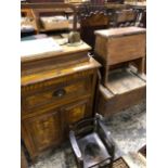 A VINTAGE OAK AND MARBLE CHEESE CUTTER, CHILDS CHAIR, A BOX STOOL AND A PAINTED SIDE CABINET.