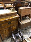 A VINTAGE OAK AND MARBLE CHEESE CUTTER, CHILDS CHAIR, A BOX STOOL AND A PAINTED SIDE CABINET.