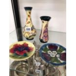 TWO MOORCROFT VASES AND A SWEETMEAT DISH CIRCA 2000 AND ANOTHER DISH EARLIER