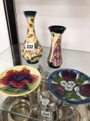 TWO MOORCROFT VASES AND A SWEETMEAT DISH CIRCA 2000 AND ANOTHER DISH EARLIER