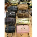 FOUR IRON COOPERED CIDER KEGS TOGETHER WITH TWO WORK BASKETS AND TWO DECORATIVE BOXES