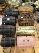 FOUR IRON COOPERED CIDER KEGS TOGETHER WITH TWO WORK BASKETS AND TWO DECORATIVE BOXES