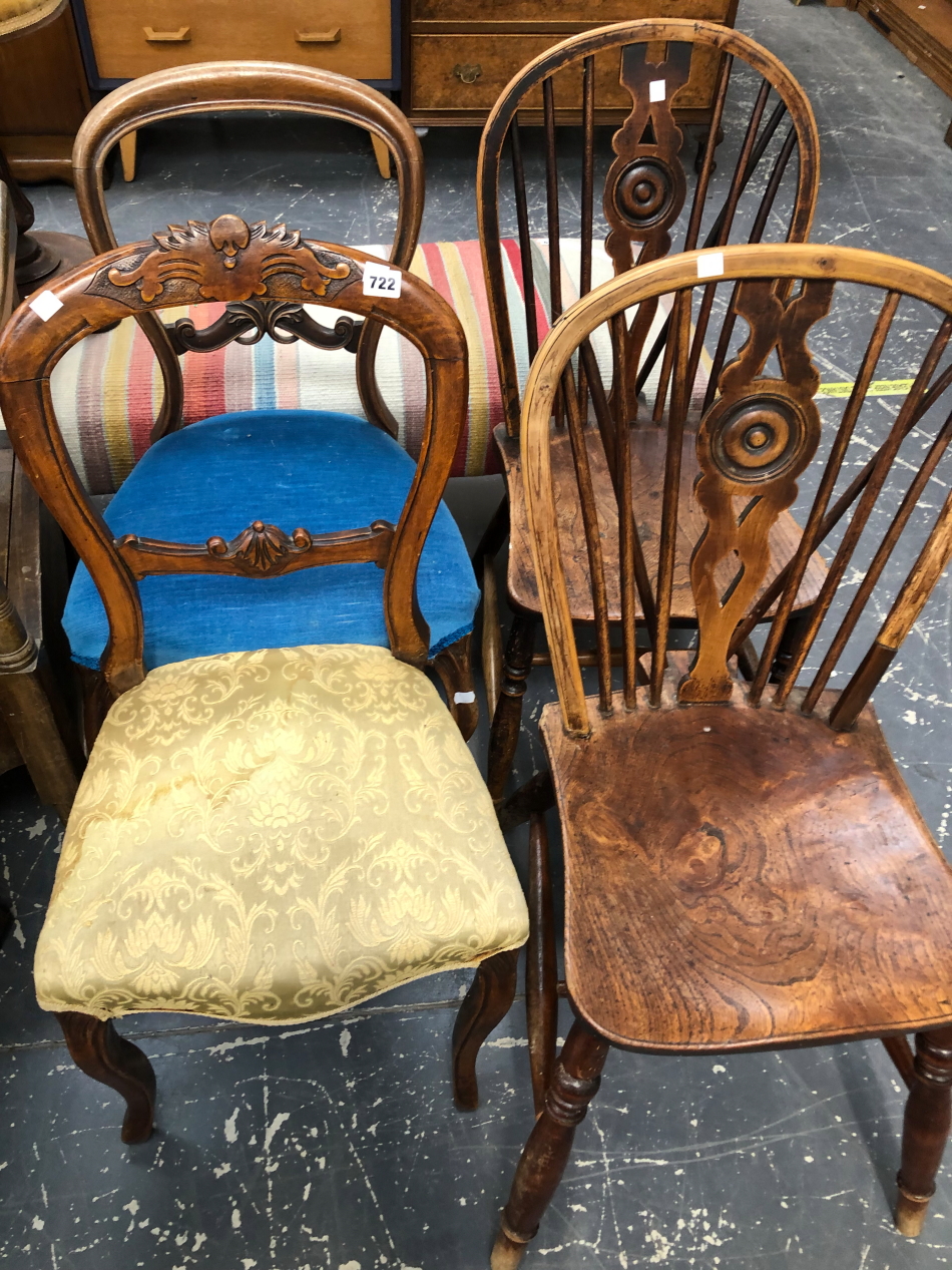 TWO 19th CENTURY WHEEL BACK ELM SEAT SIDE CHAIRS AND TWO VICTORIAN BALLON BACK CHAIRS.