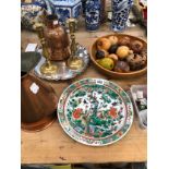 CARVED WOOD FRUIT, SPECIMEN STONES, COPPER, BRASS AND TWO CHINESE PLATES