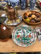 CARVED WOOD FRUIT, SPECIMEN STONES, COPPER, BRASS AND TWO CHINESE PLATES