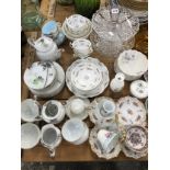 A TUSCAN CHINA PART TEA SERVICE, OTHER TEA WARES, ELECTROPLATE, PLATTERS AND GLASS WARE.