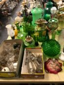 A COLLECTION OF PREDOMINATELY GREEN GLASS, TO INCLUDE: OIL LAMPS, JUGS, VASES, DOOR HANDLES AND