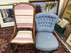 A VICTORIAN BUTTON BACK NURSING CHAIR AND AN ANTIQUE ROCKING CHAIR.