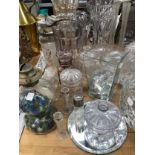 A COLLECTION OF GLASS, TO INCLUDE: JUGS, BOWLS, VASES, LIGHT SHADES, CANDLESTICKS AND DRESSING TABLE