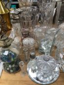 A COLLECTION OF GLASS, TO INCLUDE: JUGS, BOWLS, VASES, LIGHT SHADES, CANDLESTICKS AND DRESSING TABLE