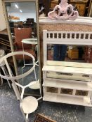 A LATE VICTORIAN PAINTED MIRROR BACK HALL SHELF, A WROUGHT IRON WASH STAND, A MIRROR AND A HEAD