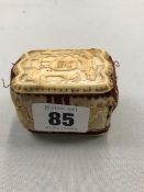 AN UNUSUAL 19th C. CHINESE PIN CUSHION, MOUNTED WITH CARVED IVORY PANELS.