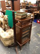 AN EDWARDIAN MAHOGANY MUSIC CABINET, A GEORGIAN BOW FRONT CORNER CABINET, A TRIPOD TORCHERE.