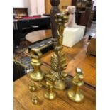 A BRASS PINEAPPLE DOOR STOP, VARIOUS BELL WEIGHTS, BRASS COMPANION FIRE SIDE SETS ETC.