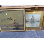 A EARLY 20th CENTURY WATERCOLOUR OF A HARBOUR SCENE SIGNED INDISTINCTLY TOTHER WITH A PRINT OF DUCKS