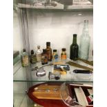 VARIOUS SPRING BALANCES, MEDICINE AND OTHER BOTTLES, RULERS, SHOE HORNS, ETC.