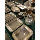 A QUANTITY OF SILVER PLATED TUREENS ETC.