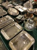 A QUANTITY OF SILVER PLATED TUREENS ETC.