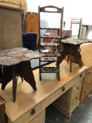 TWO EASTERN CARVED OCCASIONAL TABLES AND A CAKE STAND.