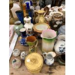 A COLLECTION OF JUGS TO INCLUDE THOSE BY BRANNAM AND OTHERS, VASES BY MALING SATSUMA AND SPODE,