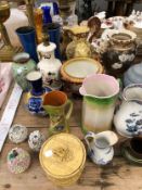 A COLLECTION OF JUGS TO INCLUDE THOSE BY BRANNAM AND OTHERS, VASES BY MALING SATSUMA AND SPODE,