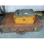 LEADED GLASS PANELS, A WOODEN BOX, LEATHER SUITCASE AND A CAMP BED