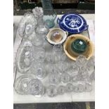 A CUT GLASS DRINKING SET WITH A DECANTER AND TWO BOWLS TOGETHER WITH MISCELLANEOUS CERAMICS