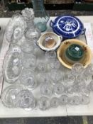 A CUT GLASS DRINKING SET WITH A DECANTER AND TWO BOWLS TOGETHER WITH MISCELLANEOUS CERAMICS