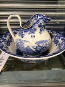 A MINTON GENEVESE PATTERN BLUE AND WHITE JUG AND BOWL