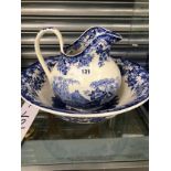 A MINTON GENEVESE PATTERN BLUE AND WHITE JUG AND BOWL