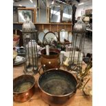 VARIOUS PLANTERS, A COPPER JAM AND A FISH PAN, BRASS 3-LIGHT CHANDELIER, ETC.