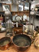 VARIOUS PLANTERS, A COPPER JAM AND A FISH PAN, BRASS 3-LIGHT CHANDELIER, ETC.