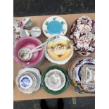 A CROWN DERBY IMARI PALETTE PLATTER, MAJOLICA PLATES, MOUSTACHE CUPS, SHELLEY ROSE DECORATED VASES