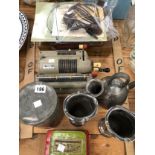 A MENTOR CALCULATOR, CASED FISH EATERS, ELECTROPLATE, TINS AND A CHINESE PEWTER TEA CANNISTER