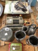 A MENTOR CALCULATOR, CASED FISH EATERS, ELECTROPLATE, TINS AND A CHINESE PEWTER TEA CANNISTER