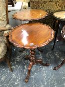 A VICTORIAN TRIPOD TABLE WITH CHECKERBOARD TOP AND A SIMILAR TRIPOD TABLE WITH BARLEY TWIST COLUMN