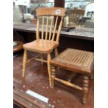 A HAND MADE ASH DOLLS CHAIR TOGETHER WITH A CHILDS STOOL.