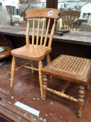 A HAND MADE ASH DOLLS CHAIR TOGETHER WITH A CHILDS STOOL.