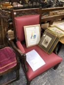 A VICTORIAN LEATHER UPHOLSTERED ARM CHAIR.