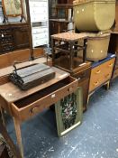 AN ERCOL TYPE ELM SMALL DESK, A RETRO DRESSING TABLE, STOOLS, A CARPET SWEEPER AND A FOLDING TRAY.