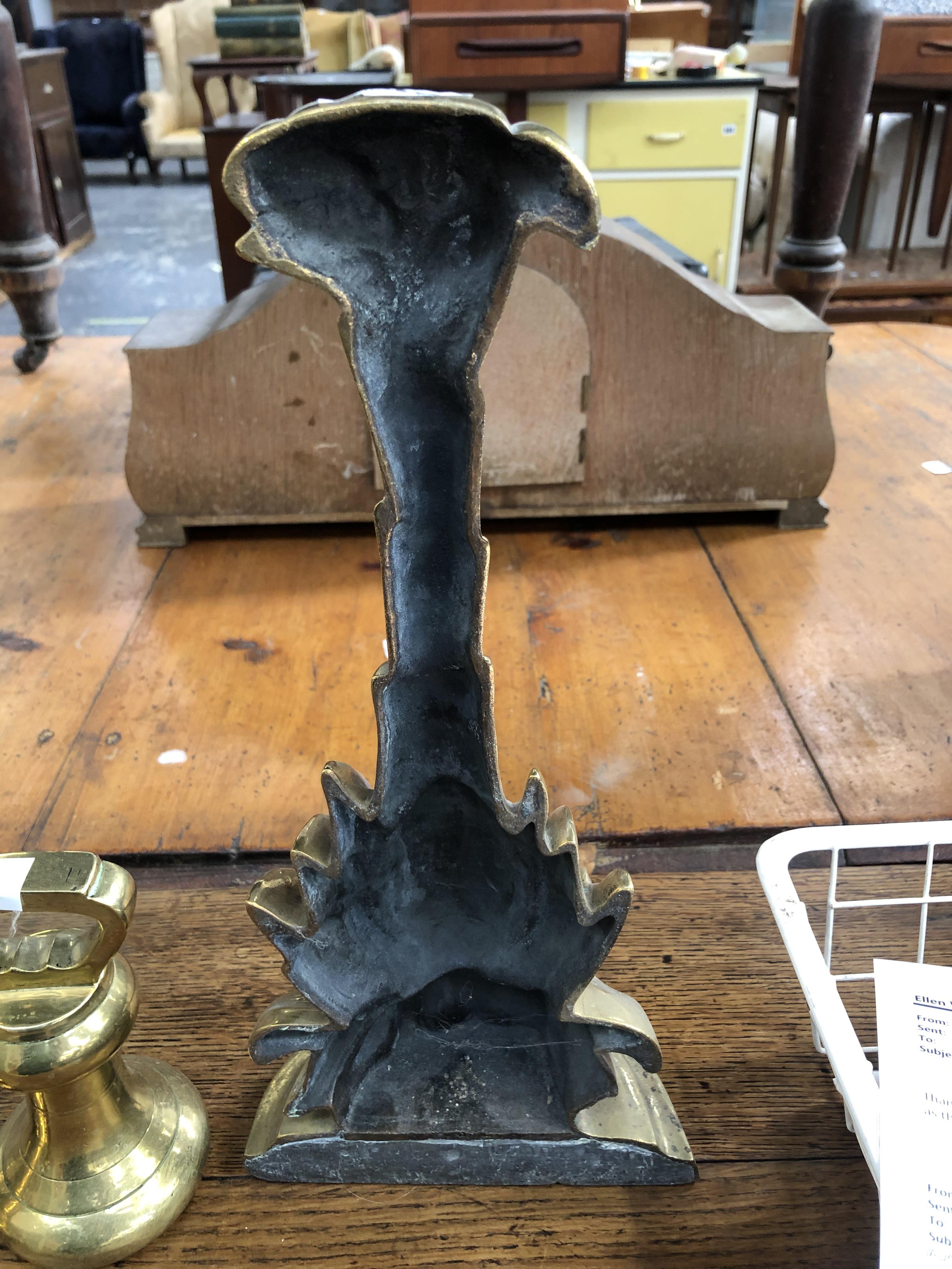 A BRASS PINEAPPLE DOOR STOP, VARIOUS BELL WEIGHTS, BRASS COMPANION FIRE SIDE SETS ETC. - Image 3 of 3