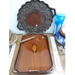 THREE VARIOUS WOODEN TWO HANDLED TRAYS CARVED AND INLAID
