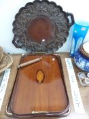 THREE VARIOUS WOODEN TWO HANDLED TRAYS CARVED AND INLAID