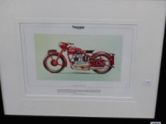 A FRAMED COLOUR PRINT OF A TRIUMPH SPEED TWIN MOTORCYCLE