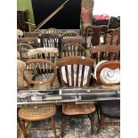 A QUANTITY OF VARIOUS CHAIRS TO INCLUDE SEVEN ANTIQUE LATH BACK KITCHEN CHAIRS, AND OTHERS.