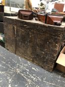A LARGE IRON BOUND PINE AND SAIL CLOTH COVERED SHIPS CHEST. W 106 X D 61 X H 66cms.